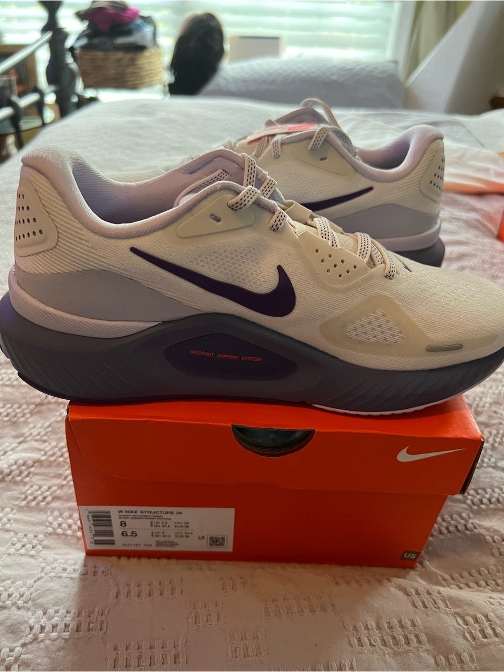 Nike Cream Running Shoes with Purple Swoosh and Gray Midsole